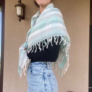 Barneys New York Teal and white striped scarf